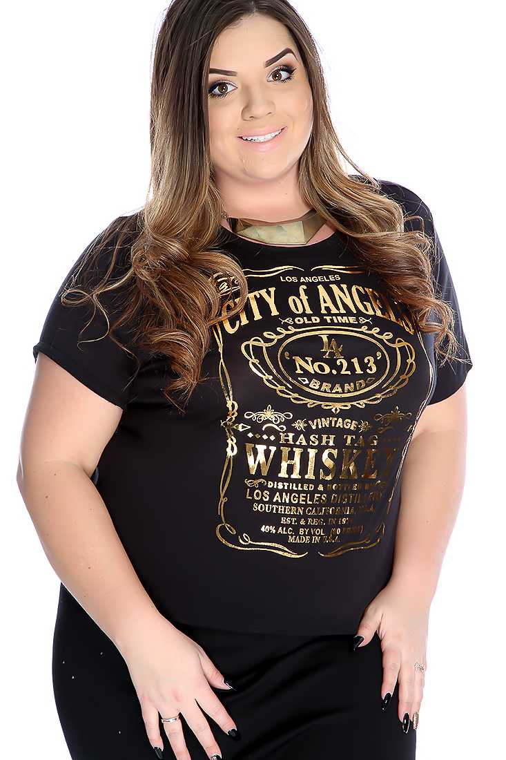 Black Metallic Graphic Design Short Sleeve Casual Plus Size Top