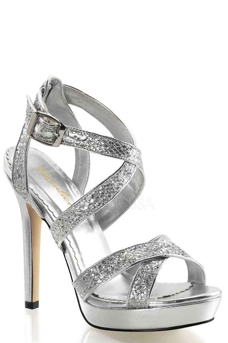 Silver Criss Cross Strappy High Heels Glitter