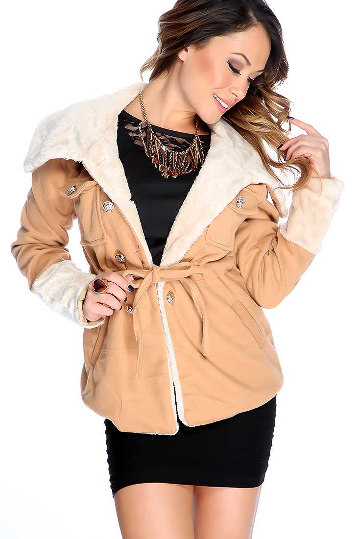 Camel Long Sleeve Plus Trim Causal Fall Coat