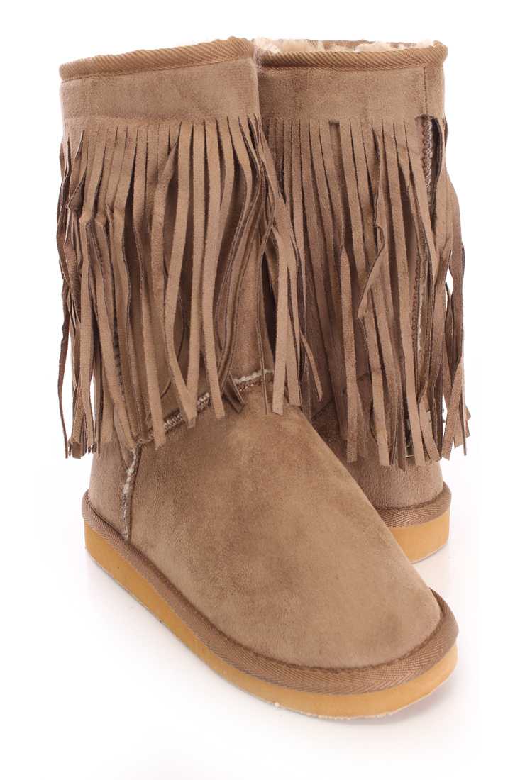 Chestnut Fringe Ankle Boots Faux Suede