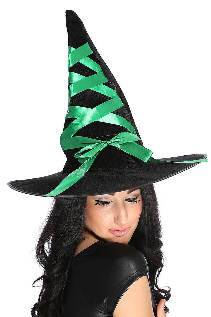 Black Green Lace Up Detail Velour Witch Hat
