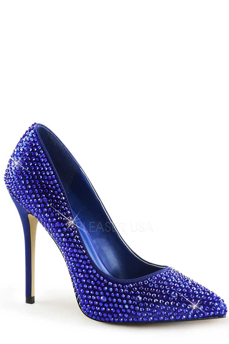 Blue Rhinestone Single Sole Pump High Heels Satin