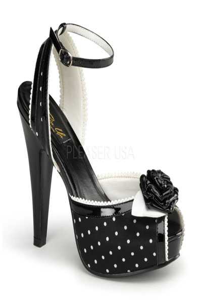 Black Satin Fabric Polka Dot Print Peep Toe Floral High Heels