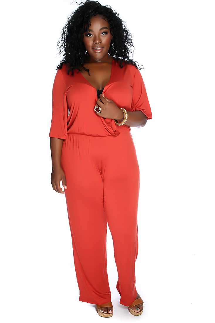 Sexy Burnt Orange Quarter Sleeve Plus Size Jumpsuit