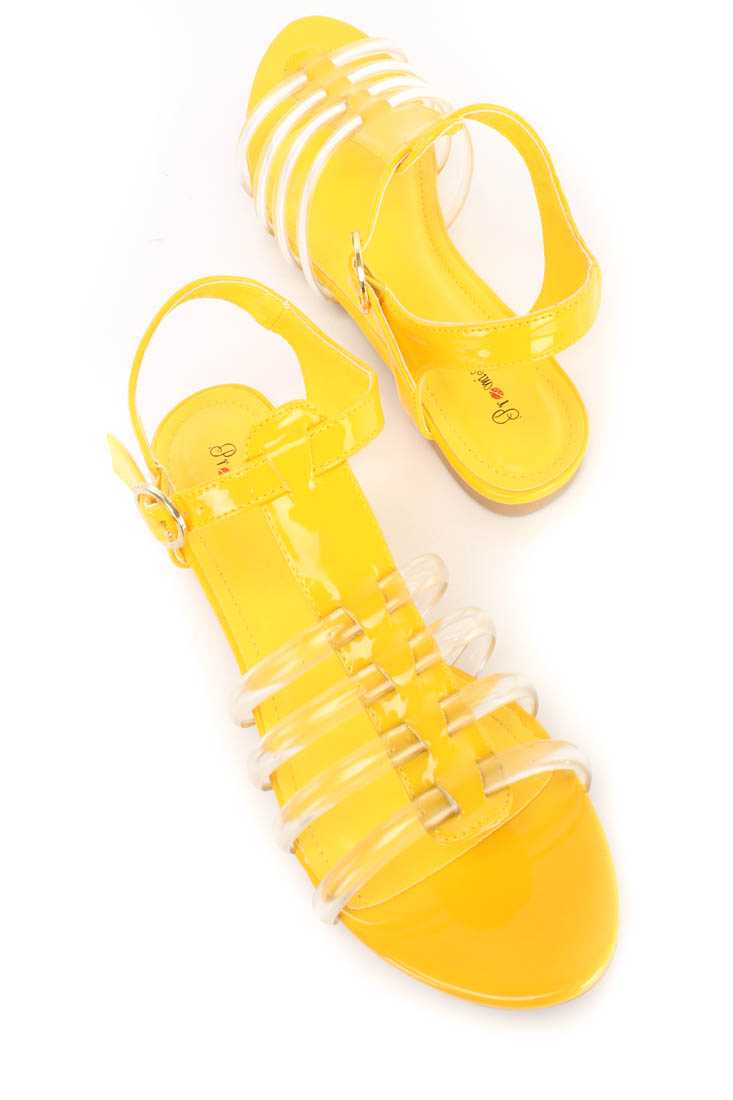 Yellow Clear Strappy Jelly Sandals Patent Faux Leather