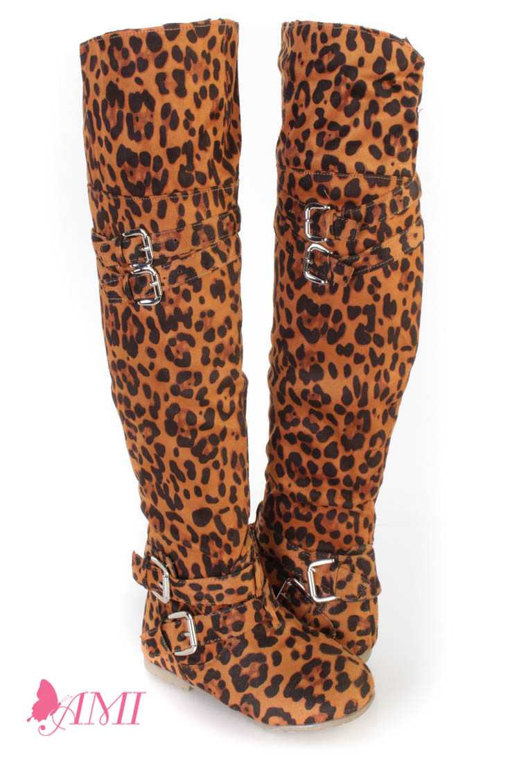 Leopard Buckle Accents Thigh High Flat Boots Faux Suede
