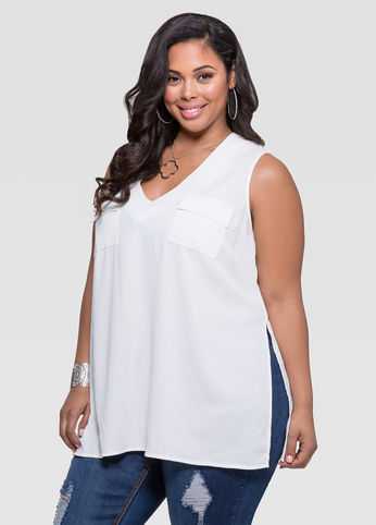 Sleeveless Two Pocket Crepe Blouse