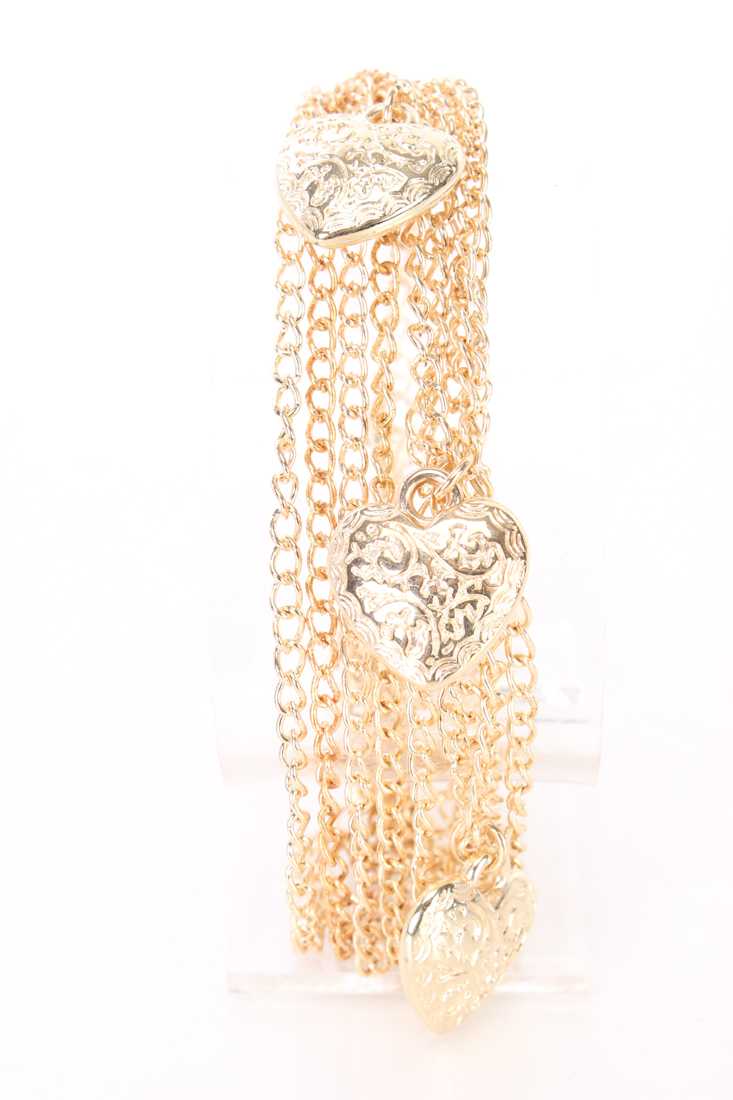 Gold High Polish Detailed Heart Charm Bracelet