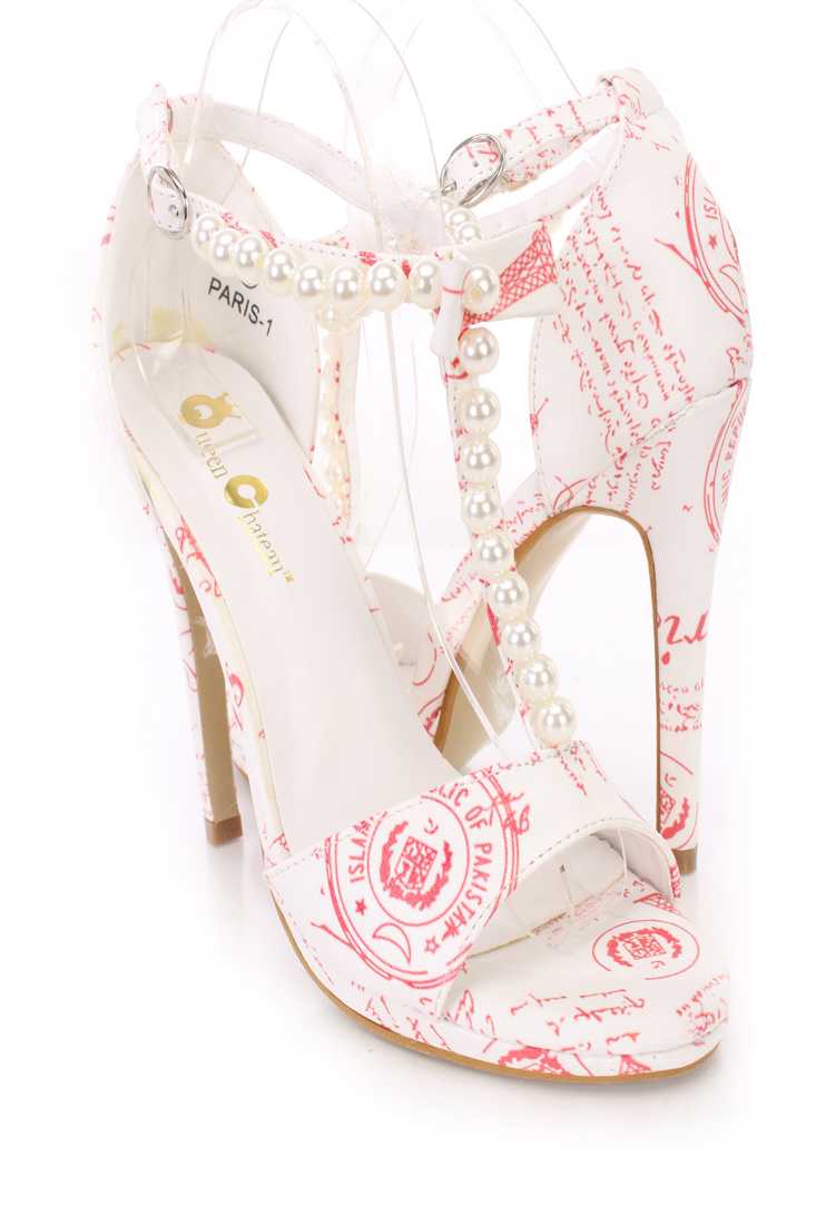 White Shimmer Beaded T Strap Heels Faux Leather