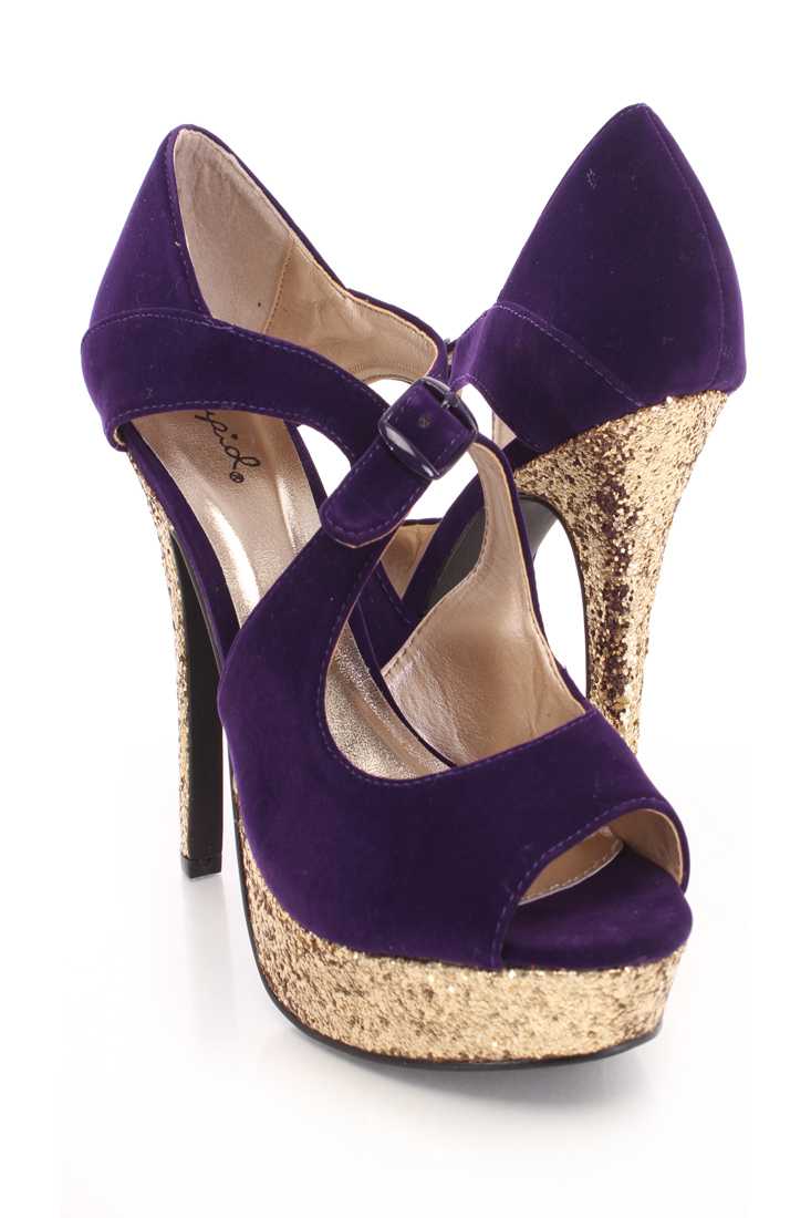 Purple Smooth Upper Mid Buckle Glitter Platform Heels Velvet