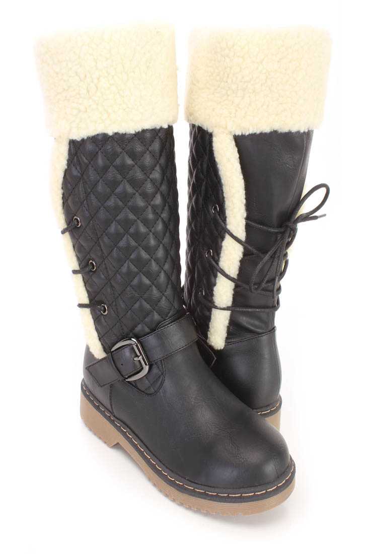 Black Faux Shearing Quilted Riding Boots Faux Leather