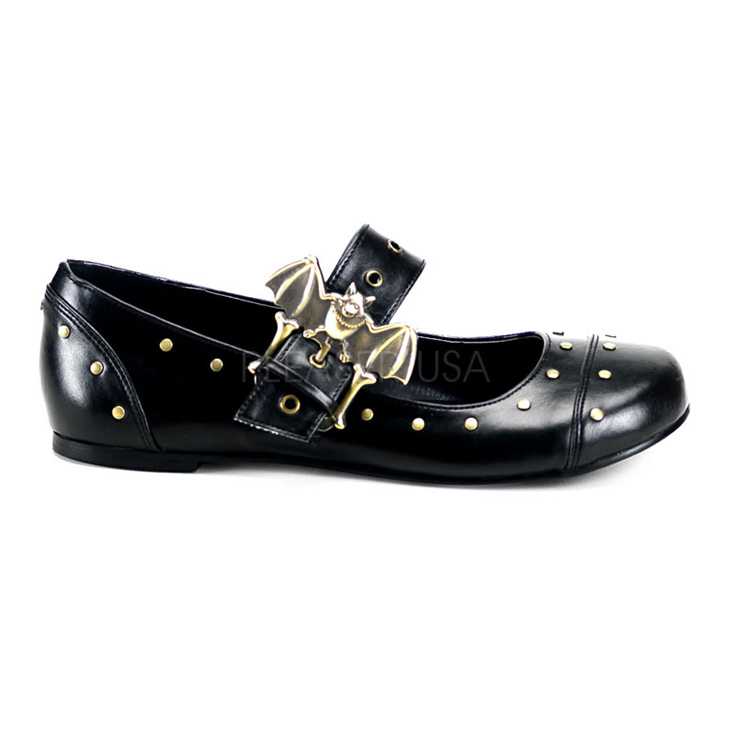 Black Bat Buckle Maryjane Flats Faux Leather