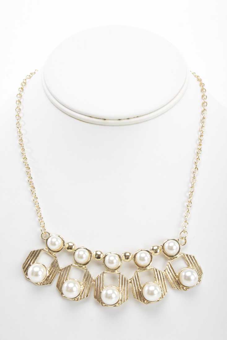 Gold High Polish Faux Pearl Cut Out Necklace