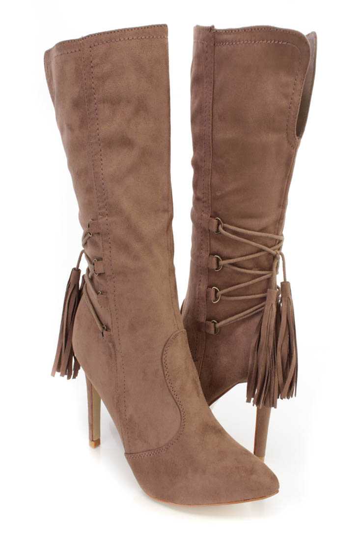 Taupe Pointed Toe Single Sole Heel Booties Faux Suede