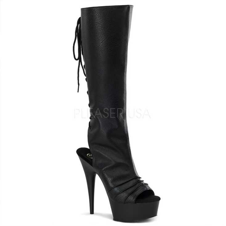 Black Faux Leather Lace Up Peep Toe Knee High Boots