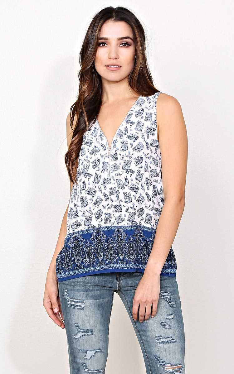 Paisley Flow Woven Zip Tank - - Navy Combo in Size by Styles For Less
