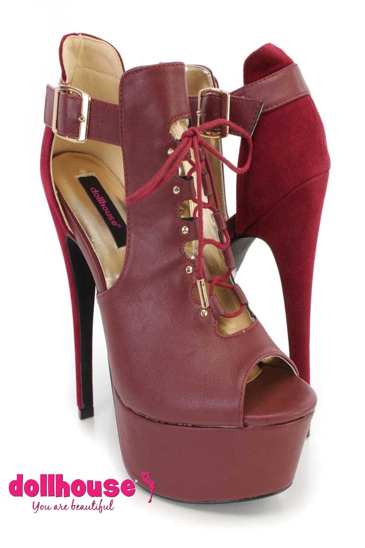 Oxblood Lace Up Cut Out Ankle Booties Faux Leather