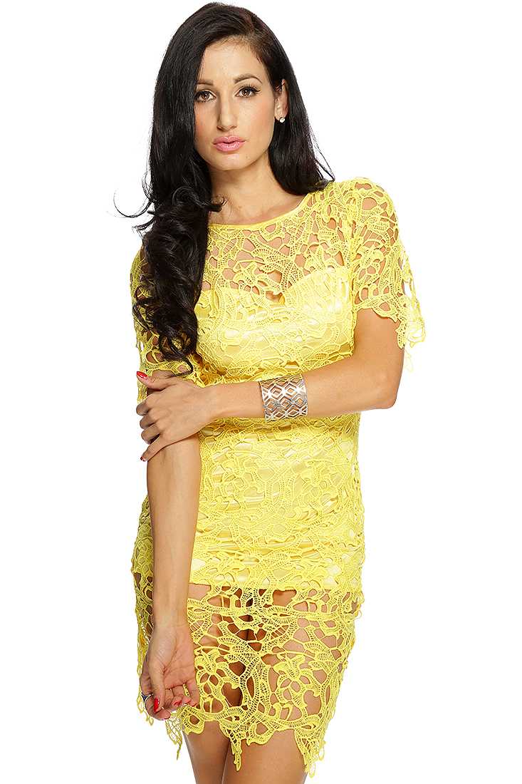 Yellow Crochet Overlay Sexy Bodycon Party Dress
