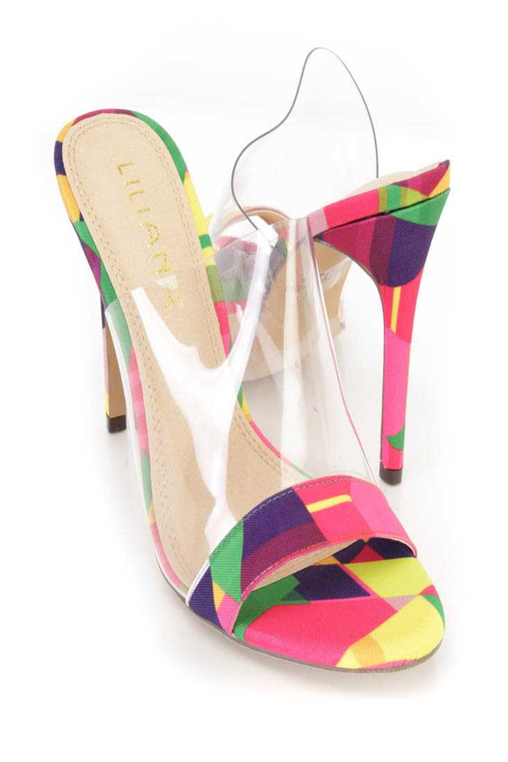 Multi Clear Plastic Slip On Heels Canvas Fabric