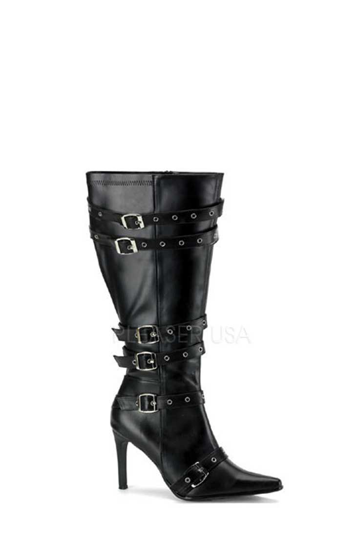Black Grommet Buckled Strappy Wide Boots Faux Leather
