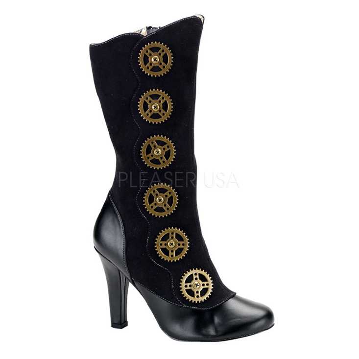 Black Faux Suede Gear Button Steampunk Boots