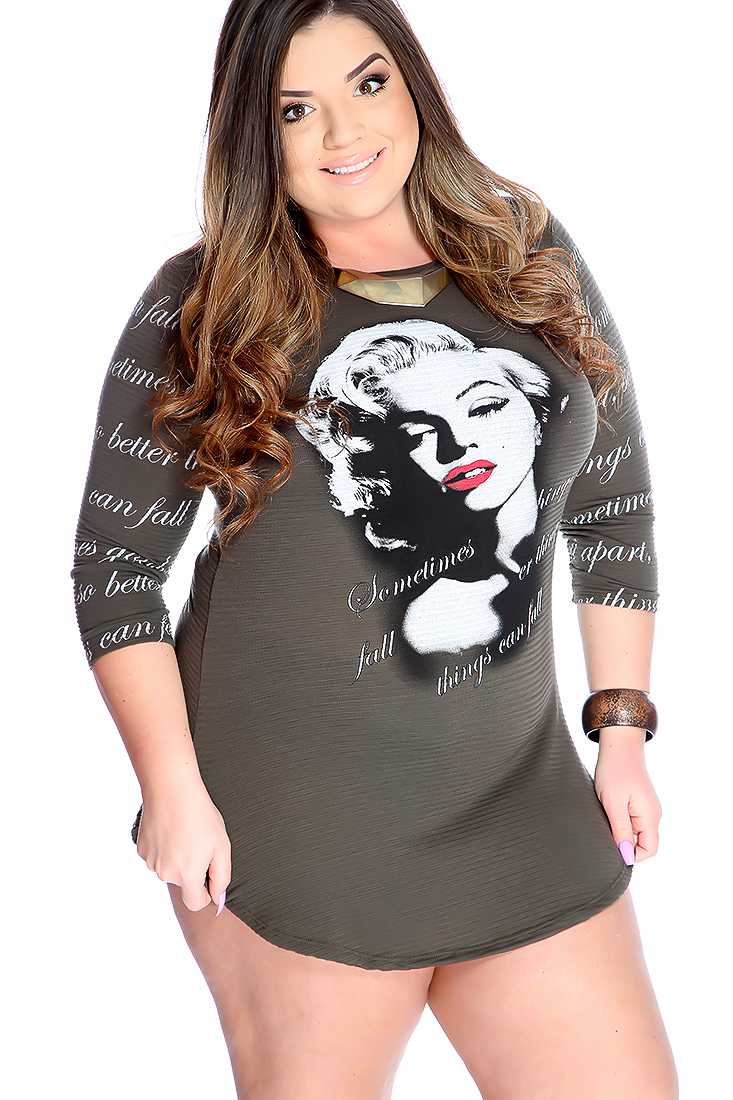 Olive Marylin Face Print Quarter Sleeve Plus Size Dress