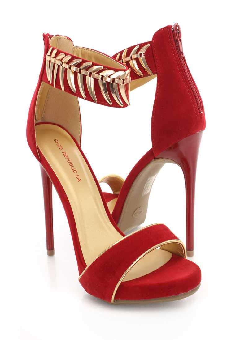 Red Faux Suede Open Toe Heels
