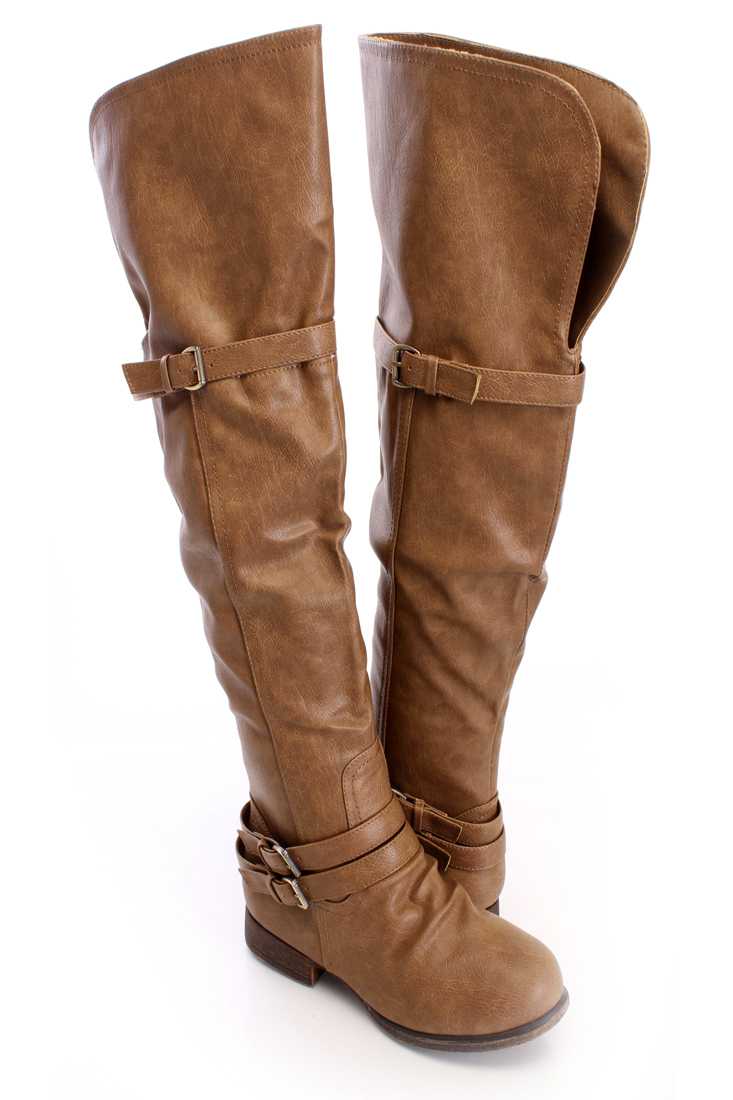 Khaki Thigh High Flat Boots Faux Leather