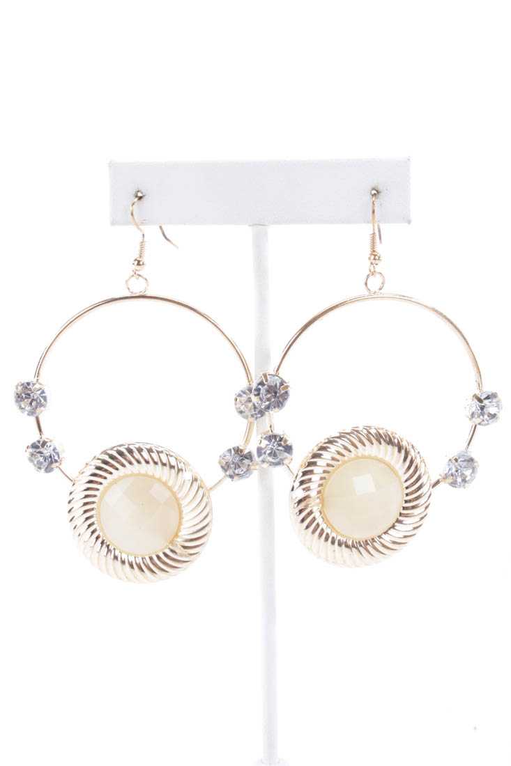 Cream Gold Rhinestone Studded High Polish Hoop Earrings