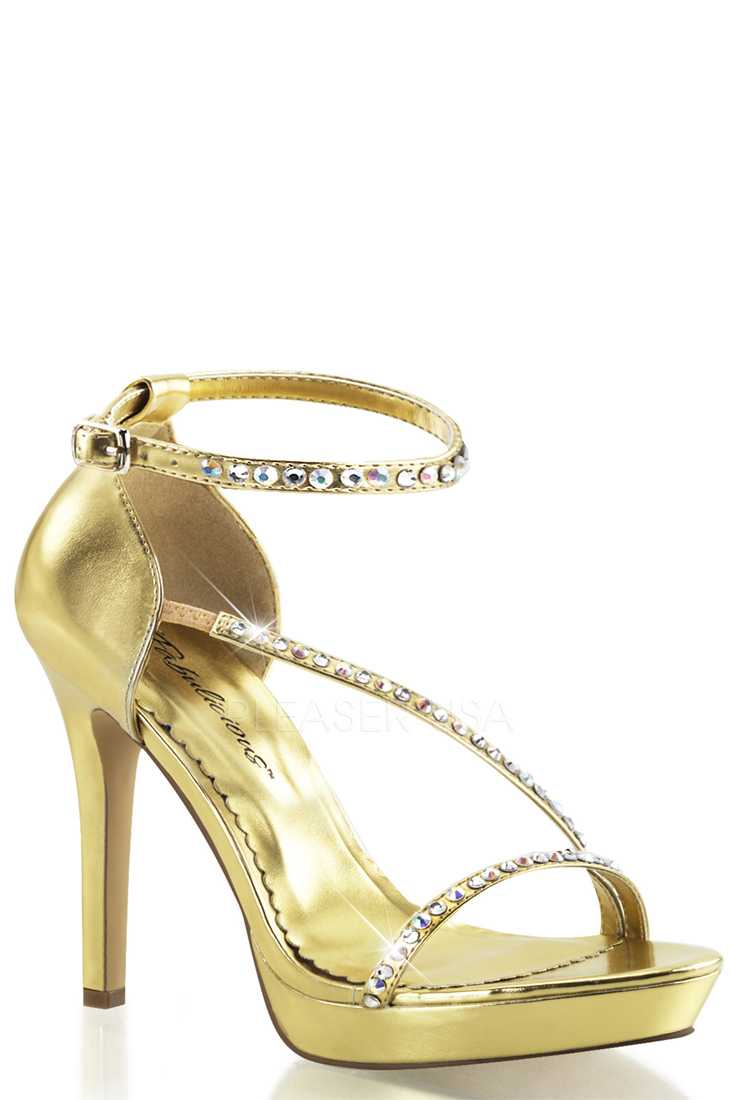 Gold Metallic Asymmetrical Strappy High Heels Faux Leather