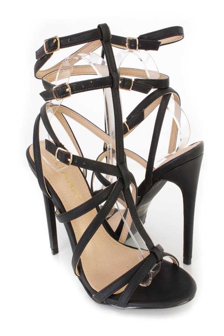 Black Strappy Single Sole High Heels Faux Leather