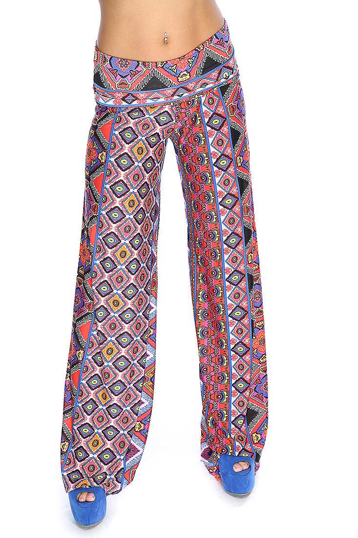 Royal Blue Yellow Moroccan Print Wide Leg Cute Casual Pants