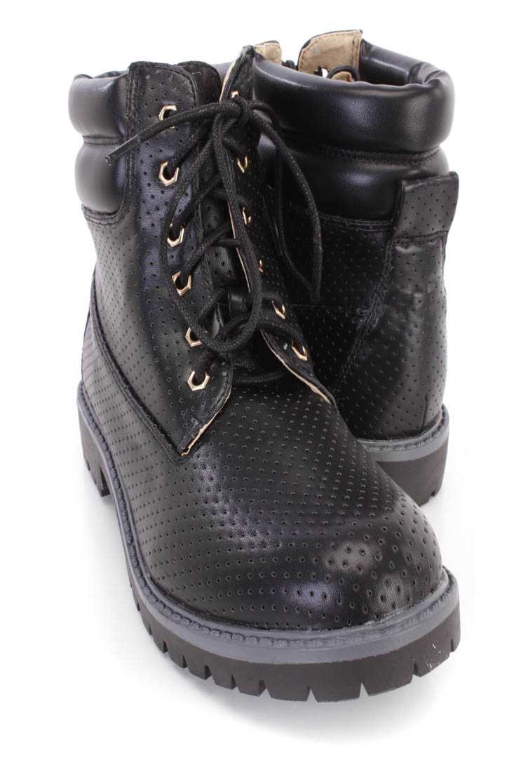 Black Perforated Lace Up Boots Faux Leather