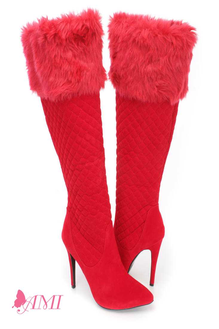 Red Faux Fur Cuffed Single Sole High Heel Boots Faux Suede