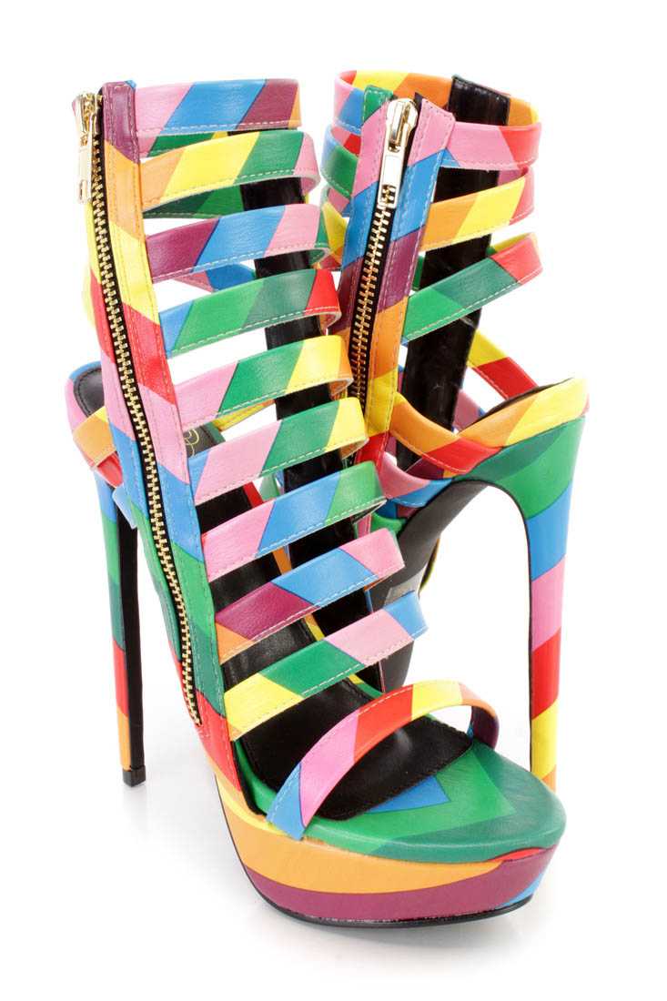 Rainbow Strappy Platform High Heel Booties Faux Leather
