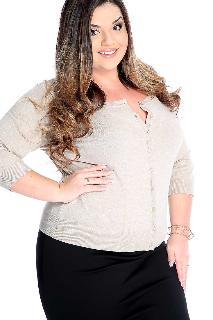 Stylish Beige Plus Size Quarter Sleeve Button Up Fitted Cardigan