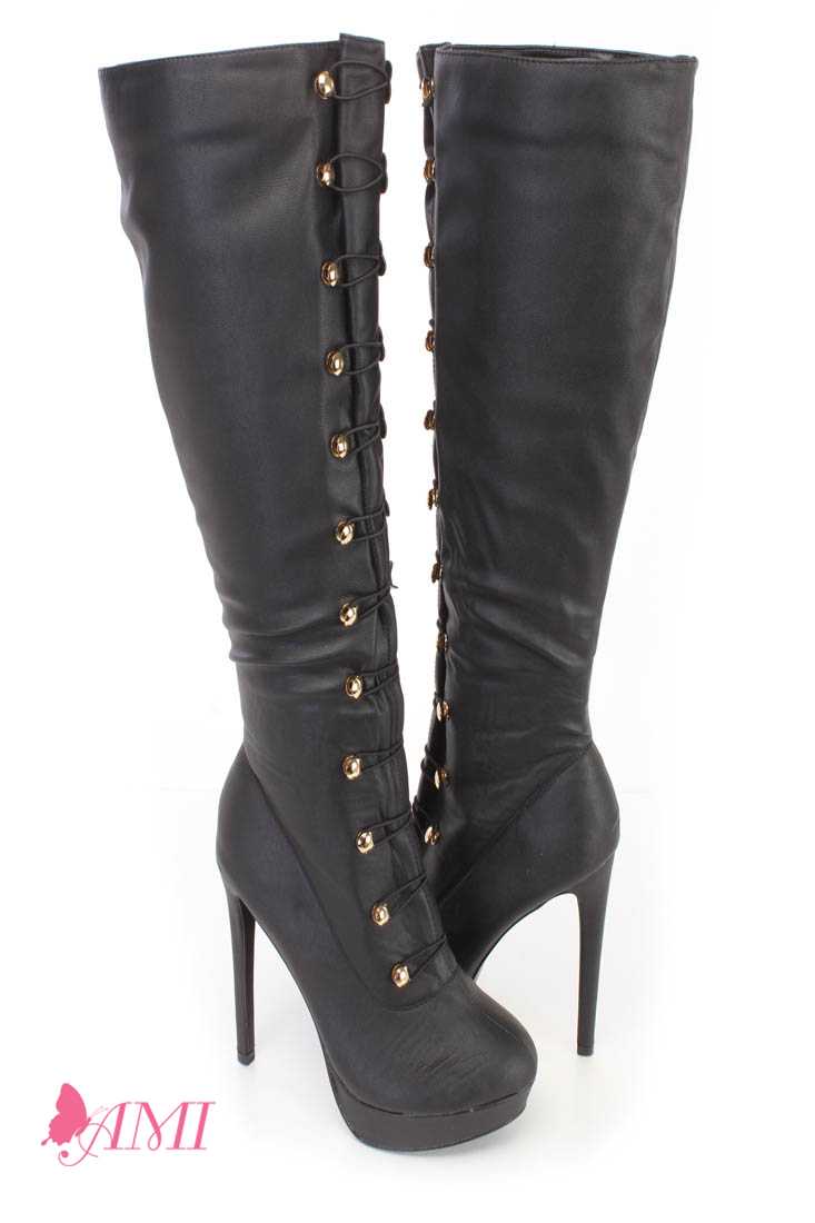 Black Hook Loop High Heel Boots Faux Leather
