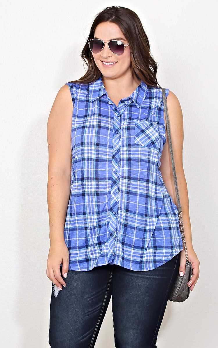 Plus Size Long Shot Plaid Knit Tank - Blue Combo in Size 1X by Styles For Less