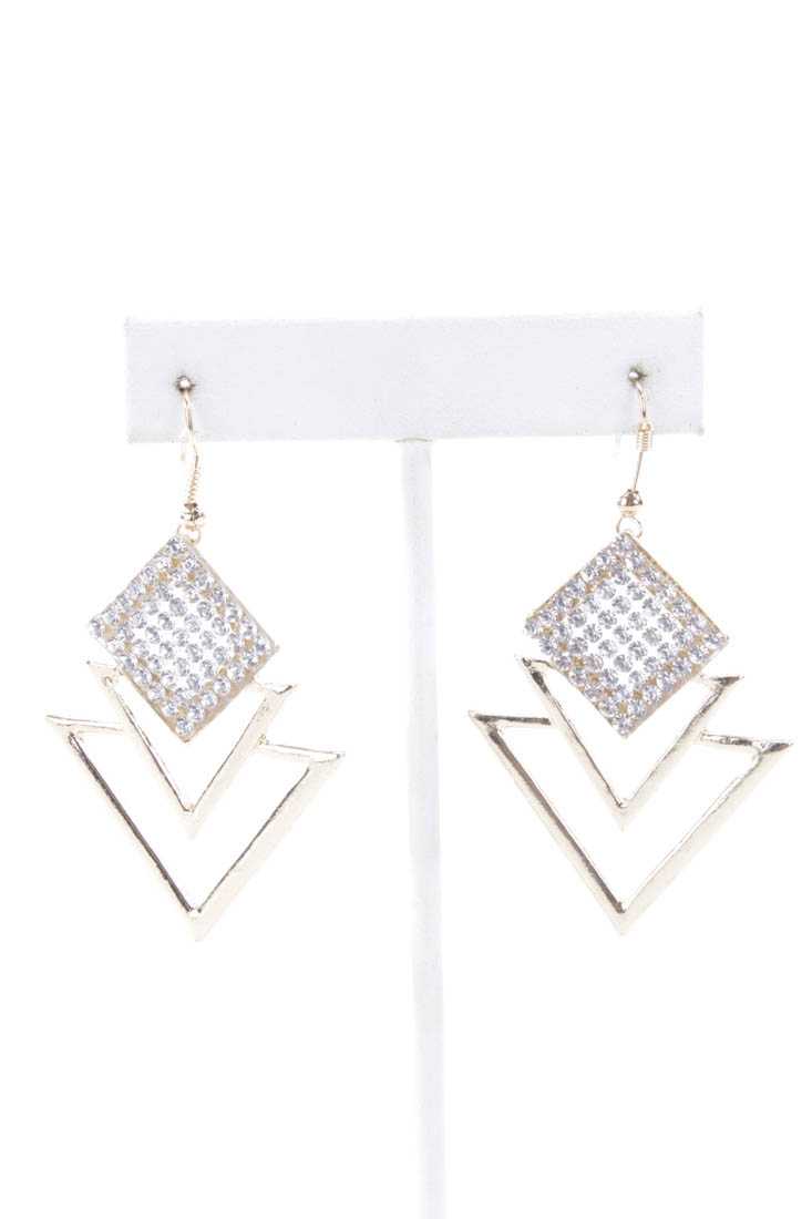Gold Triangle Pattern Rhinestone Studded High Polish Earrings