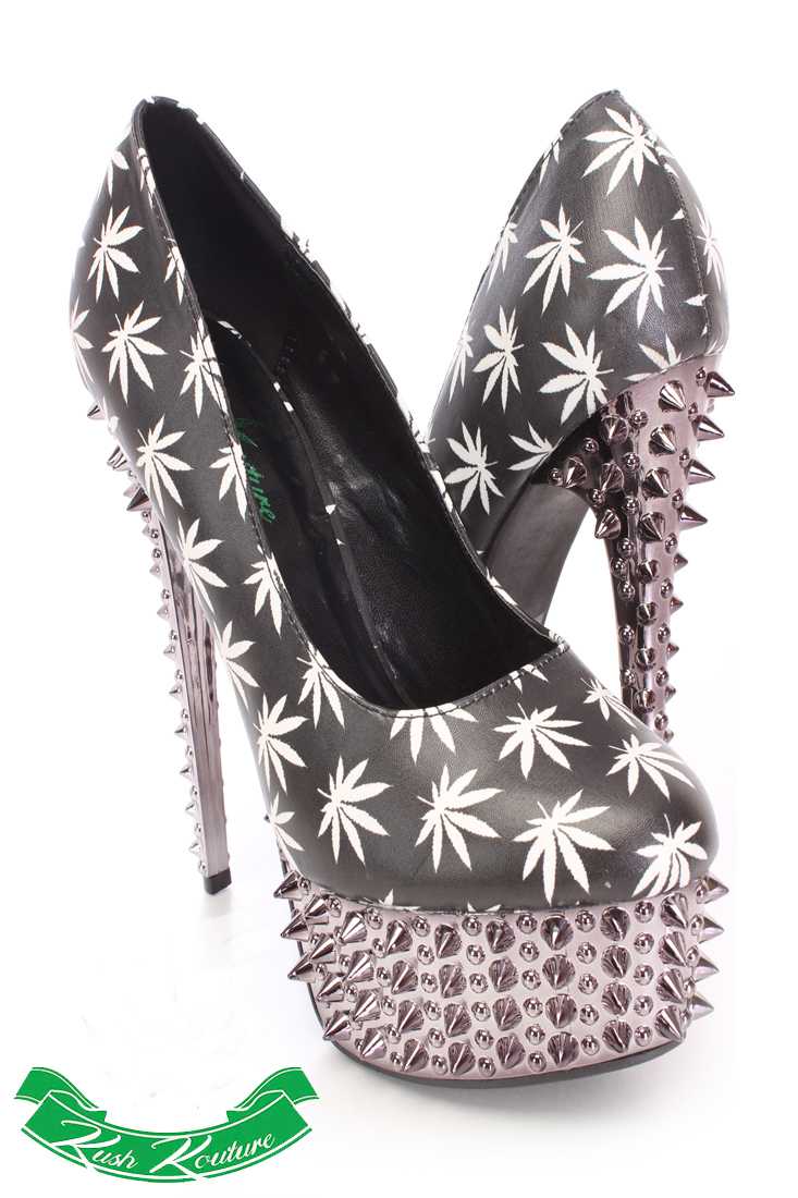 Black White Herbal Leaf Pump High Heels Faux Leather