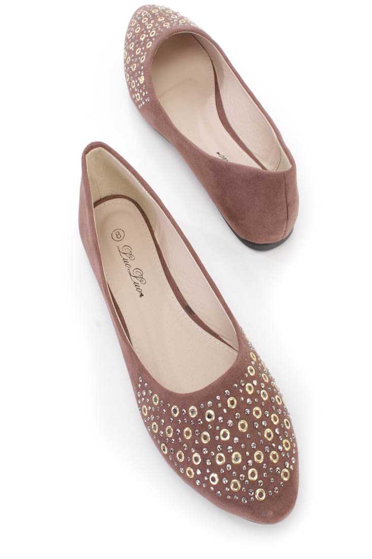 Coffee Studded Almond Toe Ballerina Flats Faux Suede