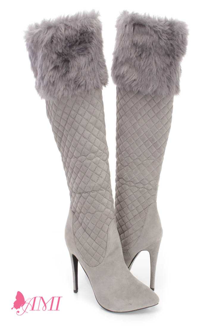Grey Faux Fur Cuffed Single Sole High Heel Boots Faux Suede