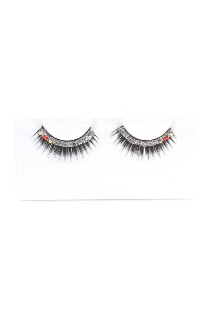 Red Silver Glitter Rhinestone Accent Faux EyeLashes