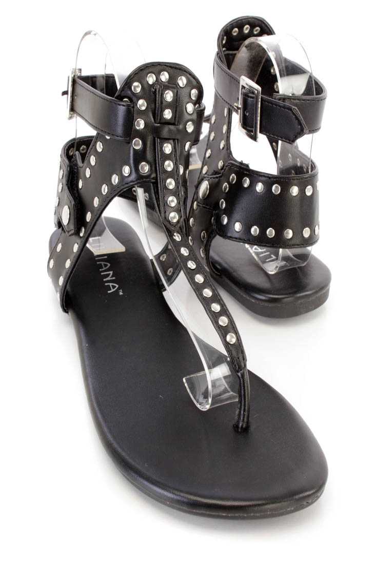Black Studded T Strap Thong Sandals Faux Leather