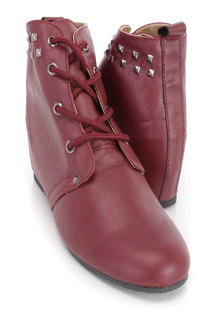 Red Studded Lace Up Ankle Wedge Booties Faux Leather