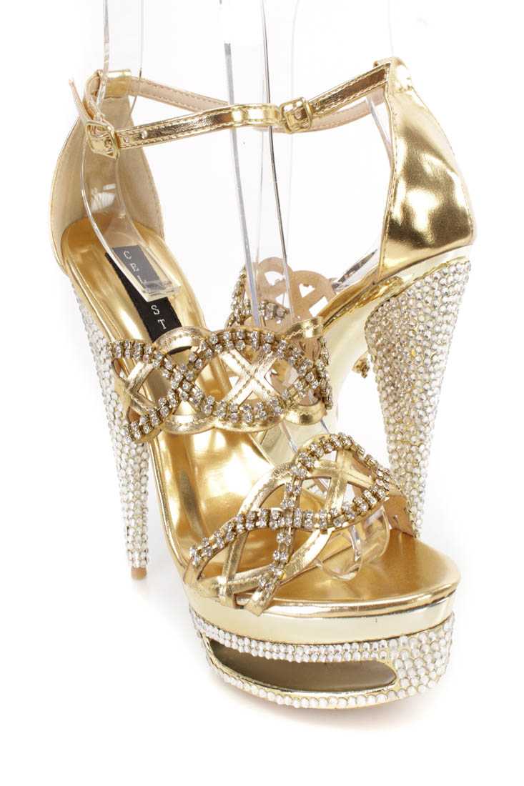 Gold Rhinestone Strappy 6 Inch High Heels Faux Leather