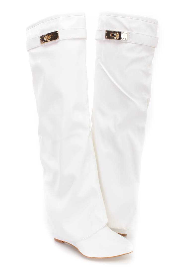 White Pointed Toe Knee High Wedge Boots Faux Leather