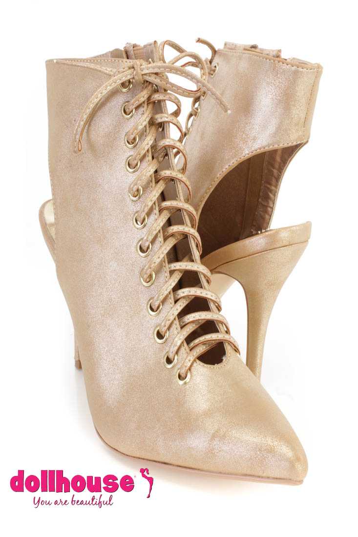 Gold Lace Up Single Sole Ankle Booties Faux Leather
