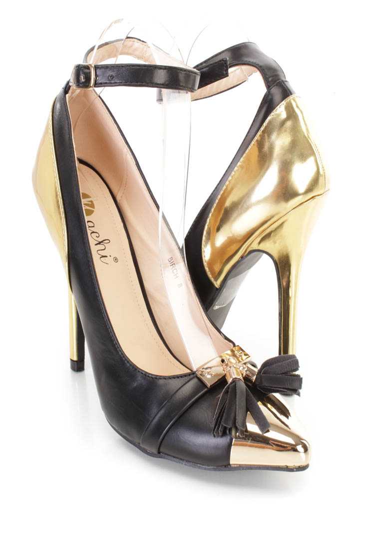 Black Metallic Accent Tassel Decor Single Sole Heels Faux Leather