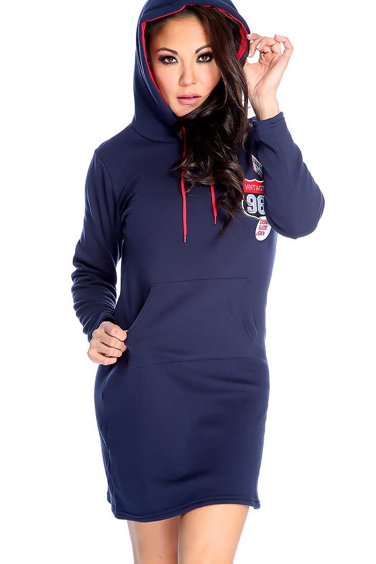 Navy Patch Detail Hooded Sweater Dress
